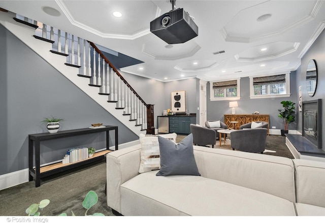 2015 N Howe St, Chicago, IL 60614 - carpeted living area featuring stairs, ornamental molding, baseboards, and recessed lighting