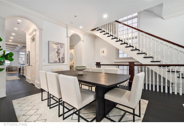 2015 N Howe St, Chicago, IL 60614 - dining room featuring arched walkways, wood finished floors, recessed lighting, crown molding, and stairs