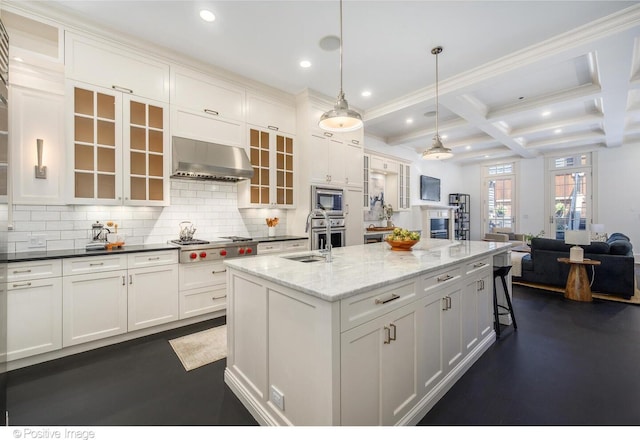 2015 N Howe St, Chicago, IL 60614 - kitchen featuring wall chimney exhaust hood, a sink, stainless steel appliances, coffered ceiling, and recessed lighting