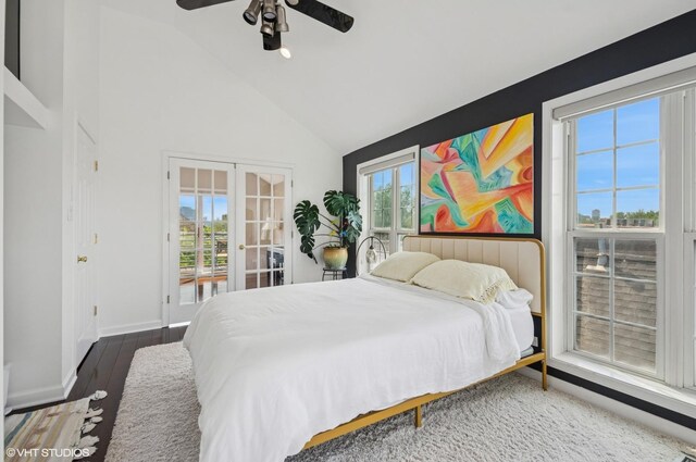 1444 N Bosworth Ave Unit 3S, Chicago, IL 60642 - bedroom featuring access to exterior, high vaulted ceiling, baseboards, ceiling fan, and wood finished floors
