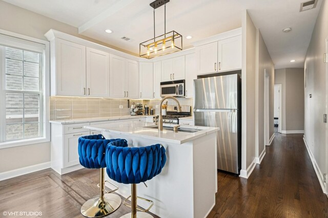 1444 N Bosworth Ave Unit 3S, Chicago, IL 60642 - kitchen with appliances with stainless steel finishes, baseboards, backsplash, dark wood-style floors, and recessed lighting