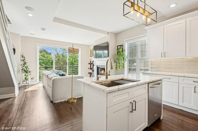 1444 N Bosworth Ave Unit 3S, Chicago, IL 60642 - kitchen featuring a sink, open floor plan, healthy amount of natural light, dark wood-type flooring, and recessed lighting