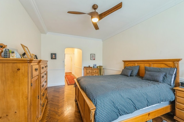 421 W Melrose St Unit 10B, Chicago, IL 60657 - bedroom with crown molding, arched walkways, and ceiling fan