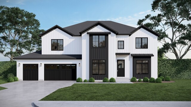 2874 Maria Ave, Northbrook, IL 60062 - modern farmhouse style home with concrete driveway, board and batten siding, a standing seam roof, a garage, and a front yard