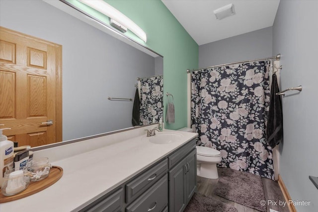 3609 Sagebrush Ct, Johnsburg, IL 60051 - full bath with toilet, vanity, wood finished floors, and a shower with curtain