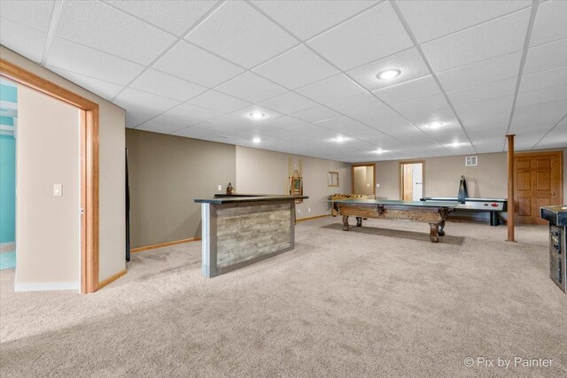3609 Sagebrush Ct, Johnsburg, IL 60051 - recreation room with light carpet, billiards table, baseboards, recessed lighting, and a paneled ceiling