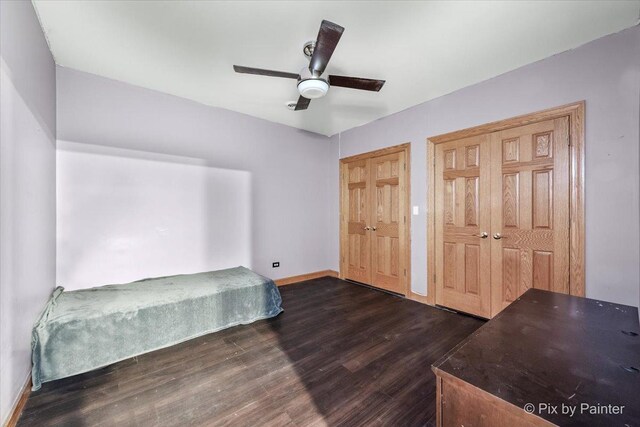 3609 Sagebrush Ct, Johnsburg, IL 60051 - unfurnished bedroom featuring dark wood finished floors, baseboards, a ceiling fan, and two closets