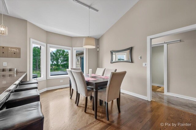 3609 Sagebrush Ct, Johnsburg, IL 60051 - dining room with wood finished floors, baseboards, a chandelier, vaulted ceiling, and rail lighting