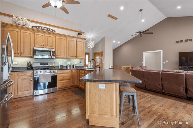 3609 Sagebrush Ct, Johnsburg, IL 60051 - kitchen featuring appliances with stainless steel finishes, a ceiling fan, open floor plan, a peninsula, and high vaulted ceiling