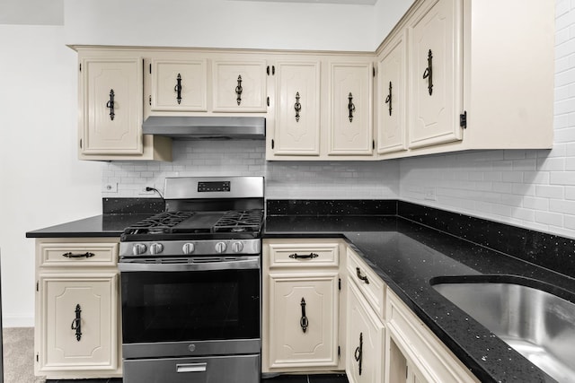 4829 W 109th St Unit 301, Oak Lawn, IL 60453 - kitchen featuring stainless steel gas range oven, under cabinet range hood, and tasteful backsplash