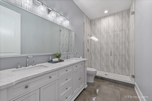 1044 Redbud Ln, Sugar Grove, IL 60554 - bathroom with double vanity, tiled shower, marble finish floors, and recessed lighting