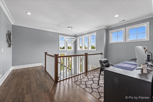 1044 Redbud Ln, Sugar Grove, IL 60554 - office area featuring ornamental molding, a chandelier, dark wood-style floors, and recessed lighting