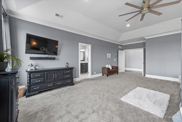 1044 Redbud Ln, Sugar Grove, IL 60554 - bedroom featuring carpet flooring, crown molding, recessed lighting, ensuite bath, and a tray ceiling