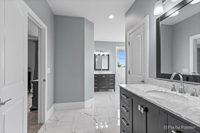 1044 Redbud Ln, Sugar Grove, IL 60554 - full bathroom featuring marble finish floors, two vanities, and recessed lighting