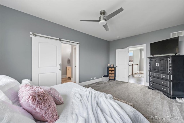 1044 Redbud Ln, Sugar Grove, IL 60554 - bedroom featuring a barn door, carpet floors, a ceiling fan, and ensuite bath
