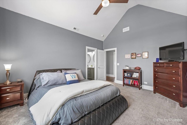 1044 Redbud Ln, Sugar Grove, IL 60554 - bedroom with high vaulted ceiling, light colored carpet, ceiling fan, and ensuite bath