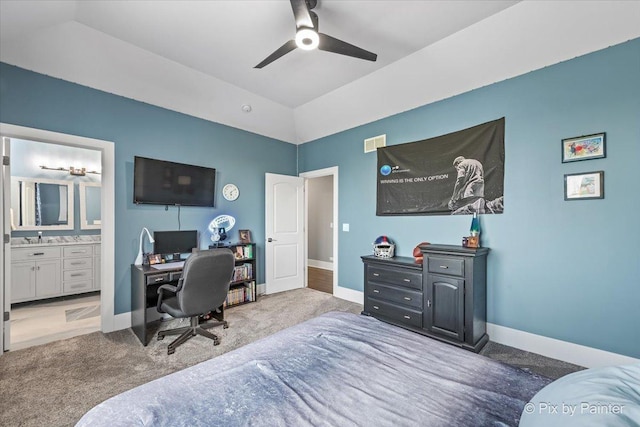 1044 Redbud Ln, Sugar Grove, IL 60554 - carpeted bedroom featuring a desk, ensuite bathroom, and a ceiling fan