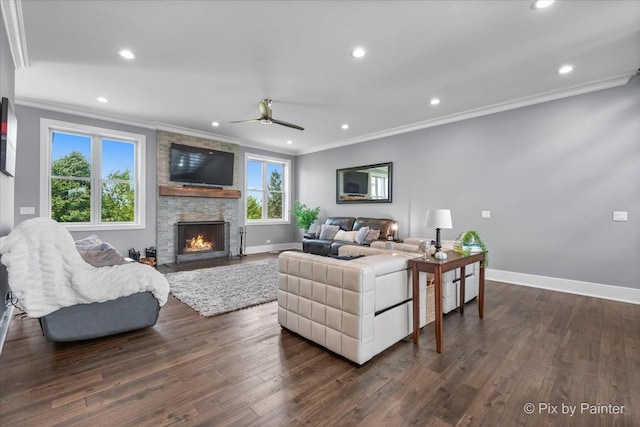 1044 Redbud Ln, Sugar Grove, IL 60554 - living area with crown molding, dark wood-type flooring, a ceiling fan, a fireplace, and recessed lighting