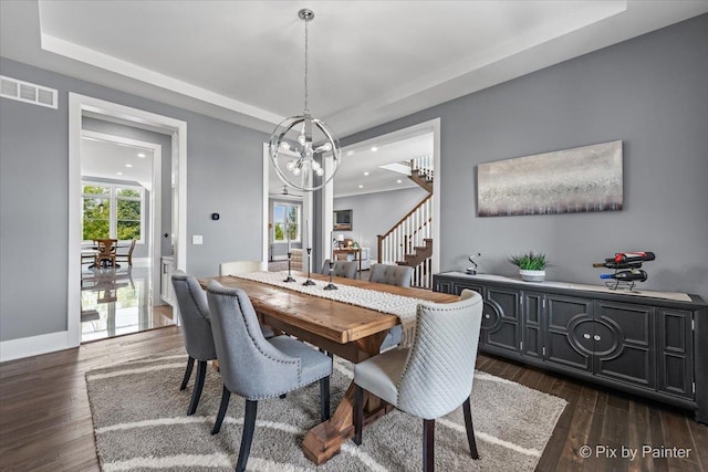 1044 Redbud Ln, Sugar Grove, IL 60554 - dining area with a chandelier, stairs, dark wood finished floors, a raised ceiling, and recessed lighting