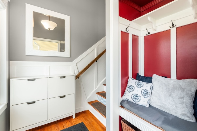 1355 Kingsbury Dr Unit 1, Hanover Park, IL 60133 - mudroom with a decorative wall, wood finished floors, and wainscoting
