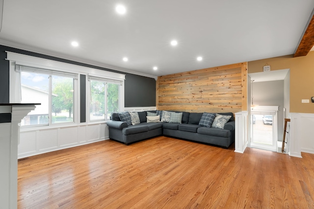 1355 Kingsbury Dr Unit 1, Hanover Park, IL 60133 - living area featuring light wood-type flooring, ornamental molding, a decorative wall, and recessed lighting