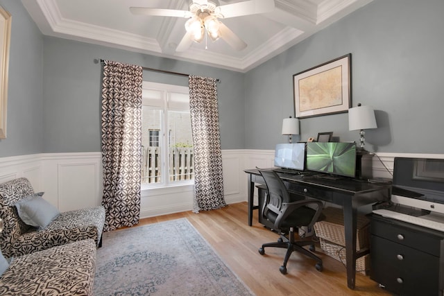 785 N Emroy Ave, Elmhurst, IL 60126 - office space featuring ceiling fan, light wood-style flooring, crown molding, a wainscoted wall, and a decorative wall