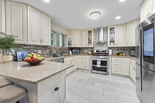 5225 Nicholas Ct, Oak Forest, IL 60452 - kitchen with wall chimney range hood, stainless steel appliances, a peninsula, backsplash, and open shelves
