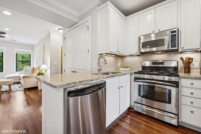 3539 N Lakewood Ave Unit 3, Chicago, IL 60657 - kitchen with stainless steel appliances, a sink, crown molding, dark wood-style flooring, and open floor plan