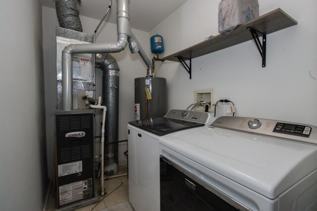 218 Partridge Ct, Algonquin, IL 60102 - laundry room featuring washing machine and dryer, water heater, and light tile patterned flooring