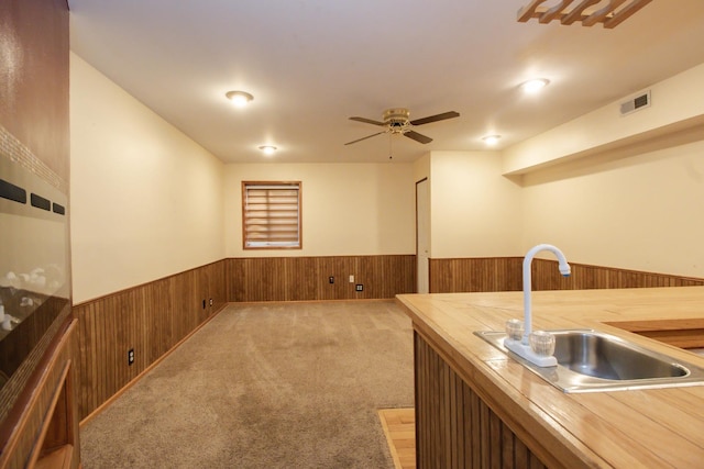218 Partridge Ct, Algonquin, IL 60102 - kitchen with wainscoting, wood walls, ceiling fan, carpet, and wooden counters