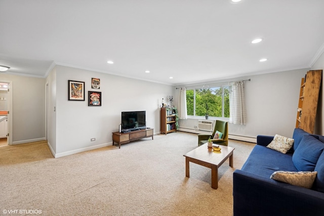 1226 S New Wilke Rd Unit 304, Arlington Heights, IL 60005 - living area with a baseboard heating unit, recessed lighting, light carpet, and crown molding