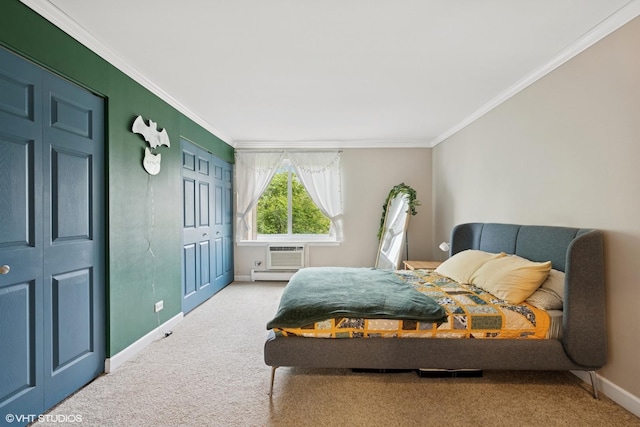 1226 S New Wilke Rd Unit 304, Arlington Heights, IL 60005 - bedroom featuring ornamental molding, carpet floors, a baseboard heating unit, and a wall mounted air conditioner