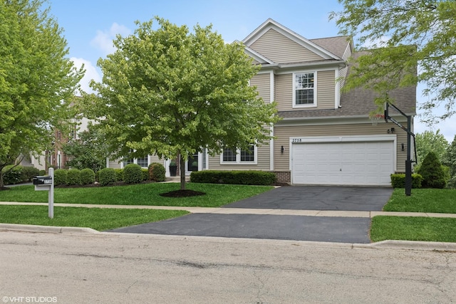 2758 Palm Springs Ln, Aurora, IL 60502 - view of property hidden behind natural elements featuring asphalt driveway, a front lawn, a garage, and roof with shingles