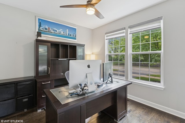 2758 Palm Springs Ln, Aurora, IL 60502 - office with baseboards, a ceiling fan, and dark wood-style flooring