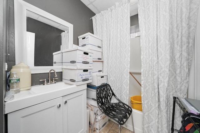 4854 W Addison St, Chicago, IL 60641 - bathroom with vanity, tile patterned floors, and shower / tub combo with curtain