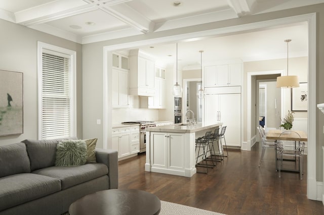 1617 N Bell Ave, Chicago, IL 60647 - living area with dark wood-style flooring, beamed ceiling, and coffered ceiling