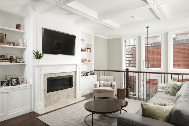 1617 N Bell Ave, Chicago, IL 60647 - living room with coffered ceiling, dark wood finished floors, built in features, a premium fireplace, and beamed ceiling