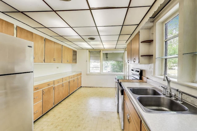 10117 Potter Rd, Des Plaines, IL 60016 - kitchen with appliances with stainless steel finishes, a sink, open shelves, and plenty of natural light