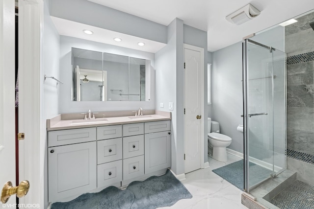 575 County Line Rd, Highland Park, IL 60035 - bathroom with a stall shower, double vanity, marble look tiles, toilet, and recessed lighting