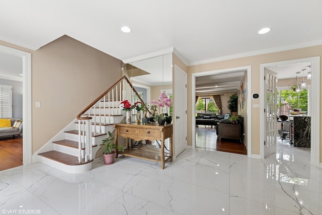 575 County Line Rd, Highland Park, IL 60035 - foyer entrance featuring marble tiled flooring, stairway, crown molding, baseboards, and recessed lighting