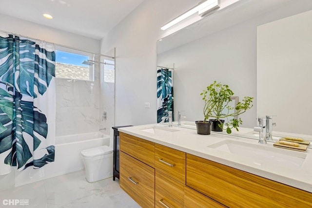 1920 S Shelby Ct, Chicago, IL 60608 - full bath with shower / tub combo with curtain, marble finish floors, double vanity, toilet, and recessed lighting