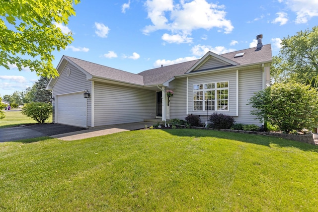 110 SW Benedict Dr, Poplar Grove, IL 61065 - ranch-style house featuring an attached garage, driveway, a front lawn, and roof with shingles
