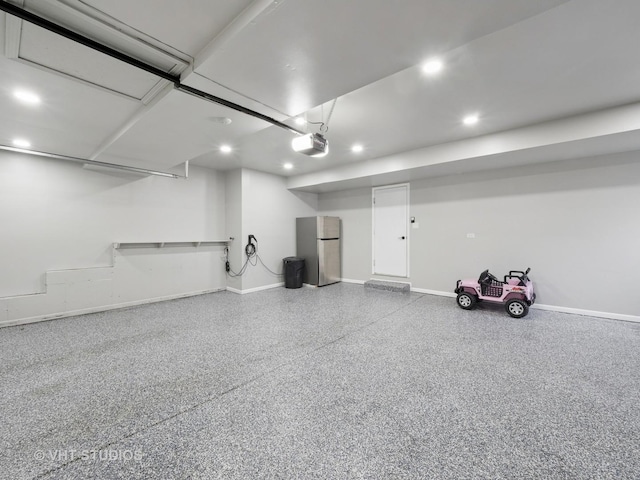 829 Brookside Dr, Bartlett, IL 60103 - garage with freestanding refrigerator, a garage door opener, and recessed lighting