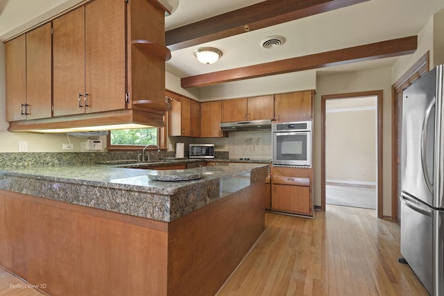 8540 W 119th St, Palos Park, IL 60464 - kitchen with appliances with stainless steel finishes, brown cabinets, light wood-style floors, beamed ceiling, and a peninsula