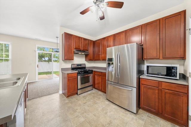 1133 Heron Cir, Joliet, IL 60431 - kitchen featuring appliances with stainless steel finishes, under cabinet range hood, healthy amount of natural light, and ceiling fan