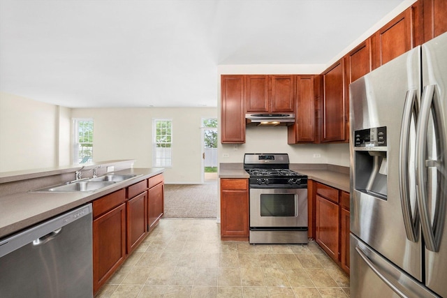 1133 Heron Cir, Joliet, IL 60431 - kitchen with appliances with stainless steel finishes, a sink, under cabinet range hood, and light countertops