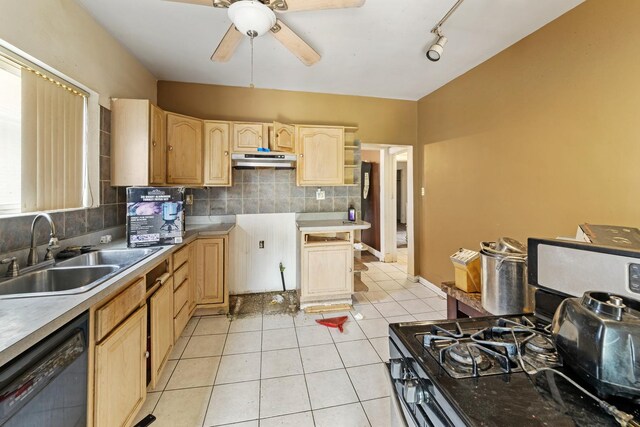 7637 S Ridgeland Ave, Chicago, IL 60649 - kitchen with a sink, dishwasher, under cabinet range hood, range with gas cooktop, and ceiling fan