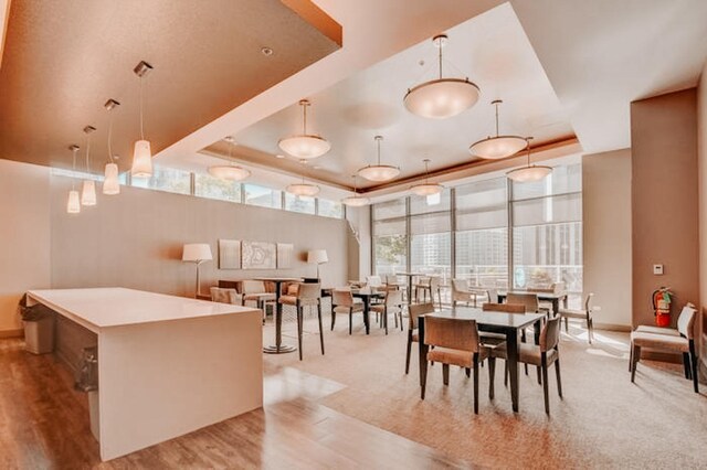 240 E Illinois St Unit 2206, Chicago, IL 60611 - dining area featuring a raised ceiling, baseboards, wood finished floors, and a high ceiling