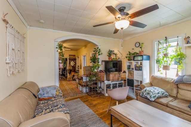 605 N Jefferson St, Harvard, IL 60033 - living room featuring a ceiling fan, arched walkways, wood-type flooring, and ornamental molding