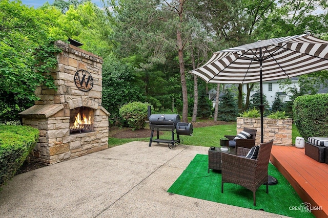 1033 Forest Trl, Sugar Grove, IL 60554 - view of patio / terrace featuring an outdoor stone fireplace, area for grilling, and a deck